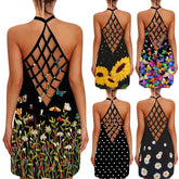 Sexy Hollow Out Summer Dress – Women's Halter Sleeveless Boho Sundress with Flower Dot Print - Himpall